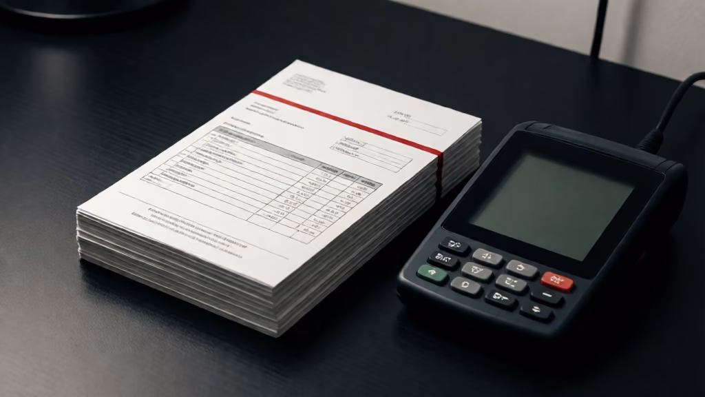 A stack of printed invoices on a dark desk beside a payment terminal