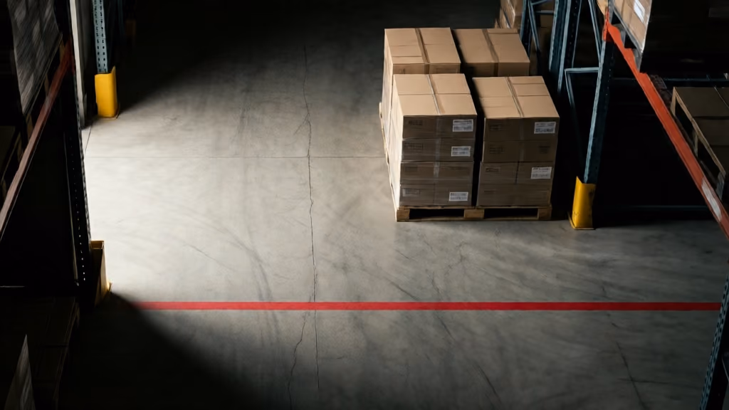 An overhead view of a warehouse aisle with a red floor marking