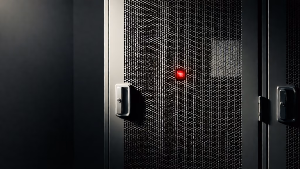 A locked steel server cabinet door with a single red status light