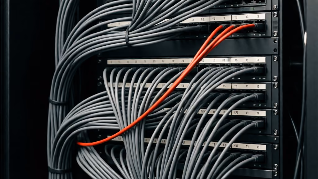 A dark network patch panel with ordered grey cables and one red cable